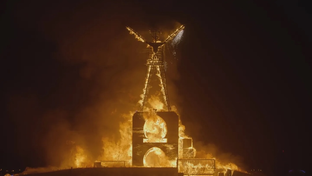 A still of the Burning Man effigy from the HBO docuseries "The Man Will Burn."