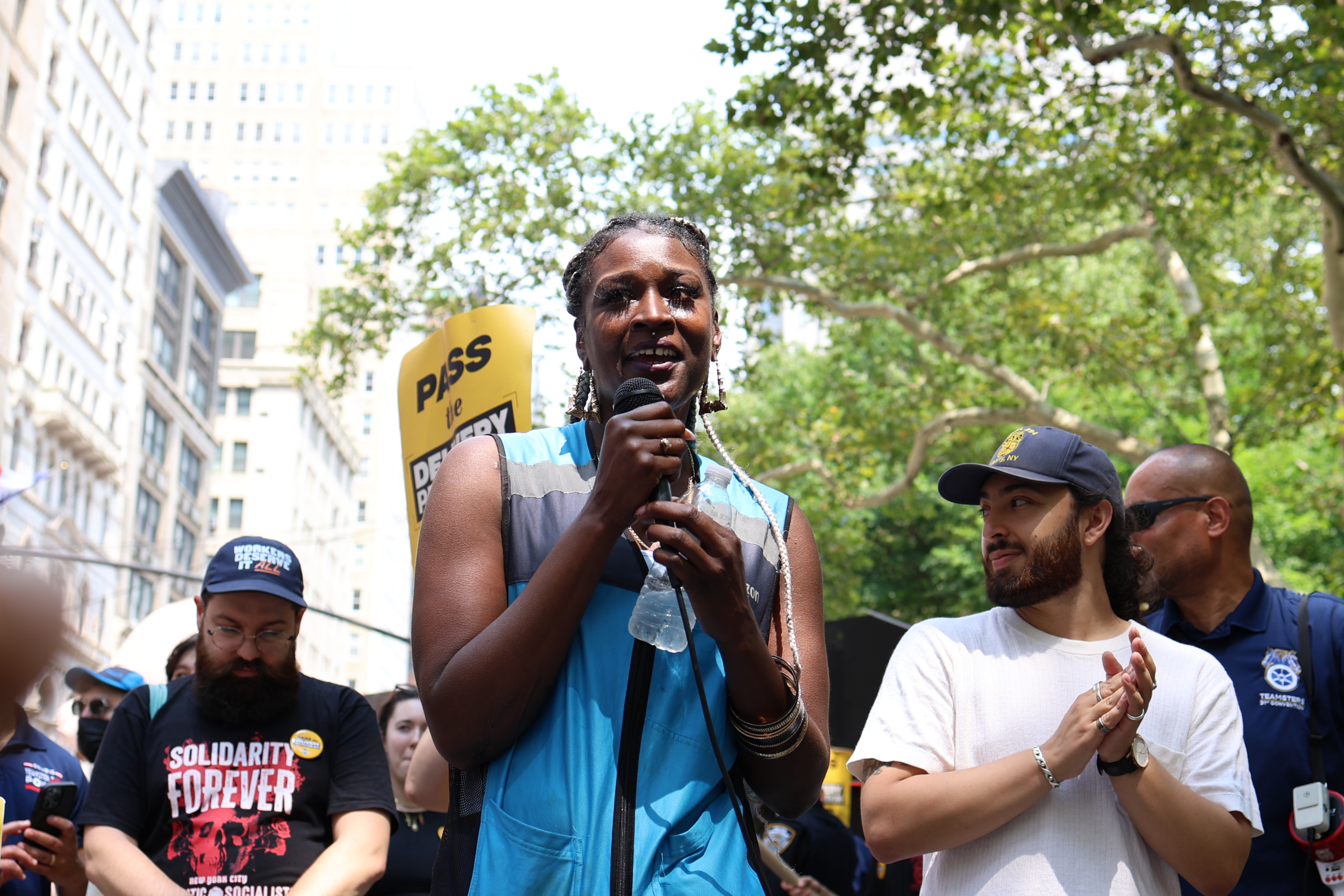 Latrice Johnson speaks in front of New York City Hall.