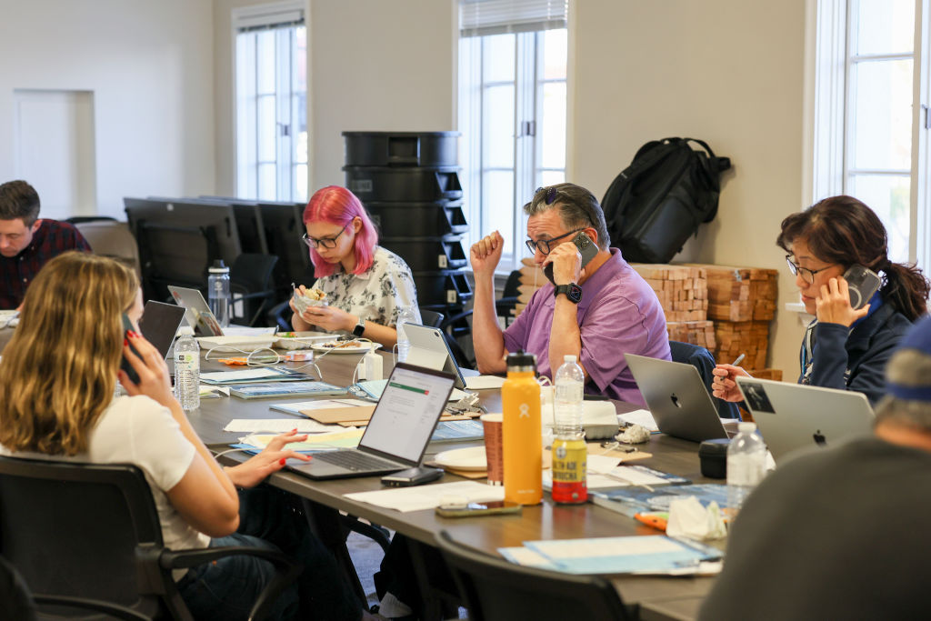 University Professional and Technical Employees members phone bank in their offices at UCLA on Tuesday, Feb. 11, 2025, in Los Angeles, California, in preparation for a strike authorization vote.