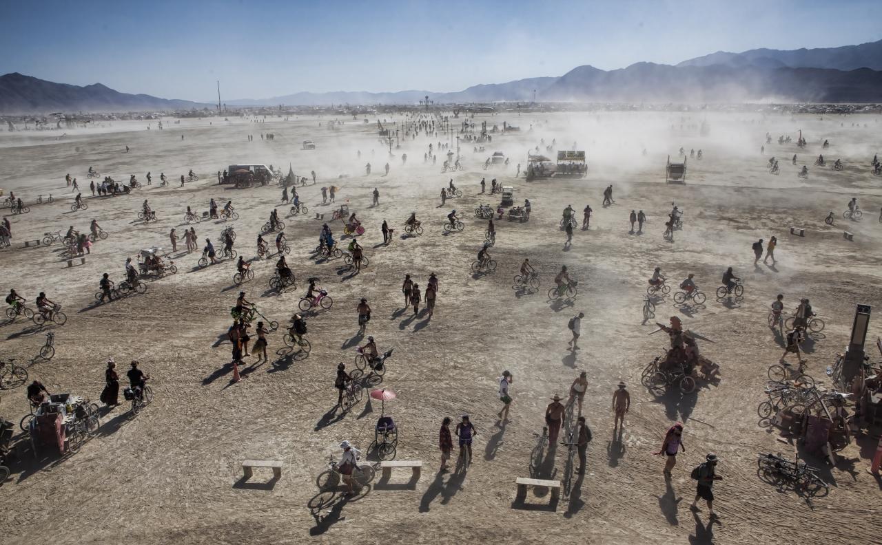 A photograph of bikers at the 2010 Burning Man festival.