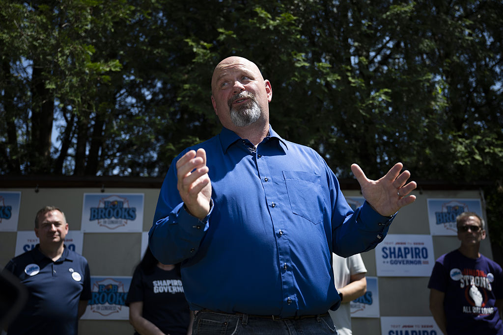 Congressional candidate Bob Brooks speaks during a campaign event ahead of a primary election in Bethlehem, Pennsylvania, on May 17, 2026.