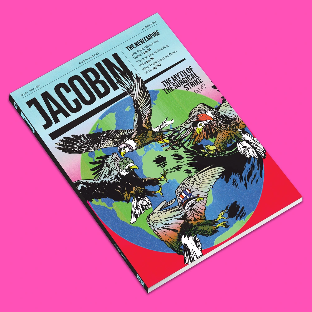 Jacobin magazine cover with US-coded eagles attacking and ripping apart a globe.