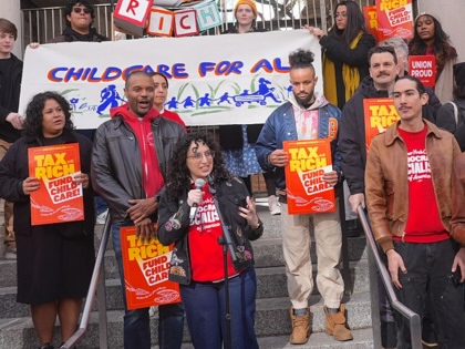 New York City Democratic Socialists of America hold a rally in Union Square marking the start of a campaign to tax the rich and win universal childcare on November 16, 2025, in New York City.