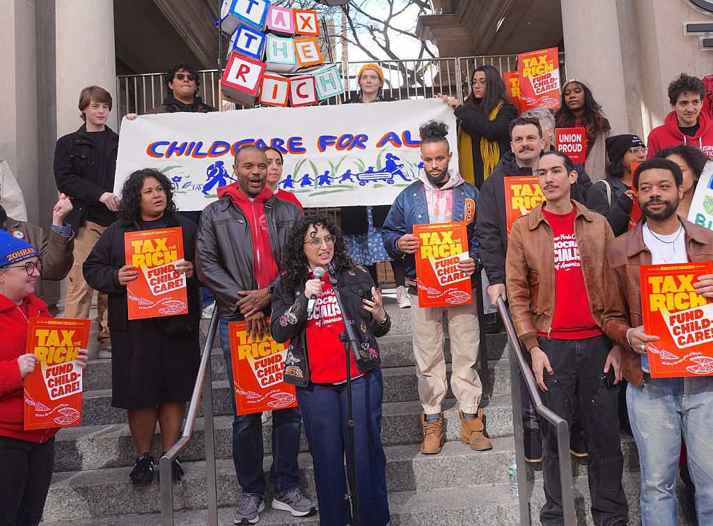 New York City Democratic Socialists of America hold a rally in Union Square marking the start of a campaign to tax the rich and win universal childcare on November 16, 2025, in New York City.