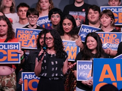 Democratic congressional candidate Claire Valdez speaks during an election eve rally at Silo on June 22, 2026, in the East Williamsburg neighborhood of the Brooklyn borough in New York City.
