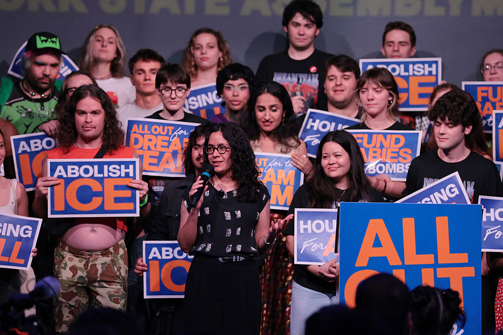 Democratic congressional candidate Claire Valdez speaks during an election eve rally at Silo on June 22, 2026, in the East Williamsburg neighborhood of the Brooklyn borough in New York City.