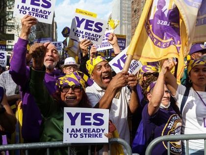32BJ SEIU residential building service workers during a rally in New York City on Wednesday, April 15, 2026.