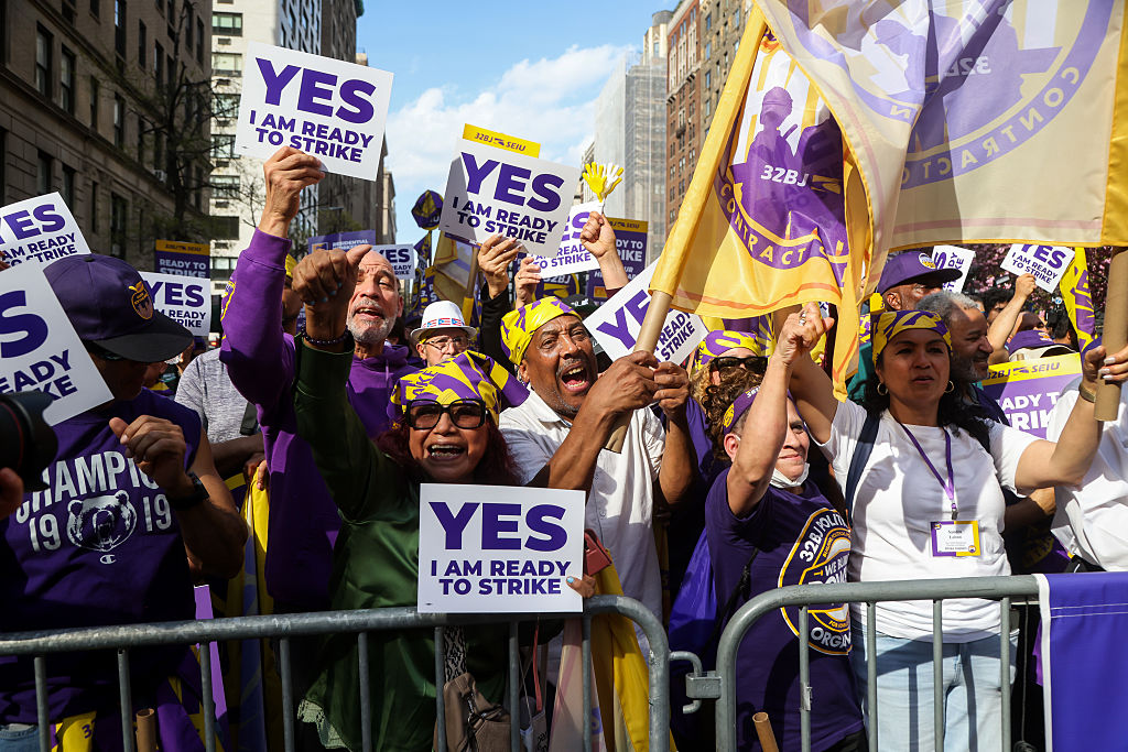 32BJ SEIU residential building service workers during a rally in New York City on Wednesday, April 15, 2026.
