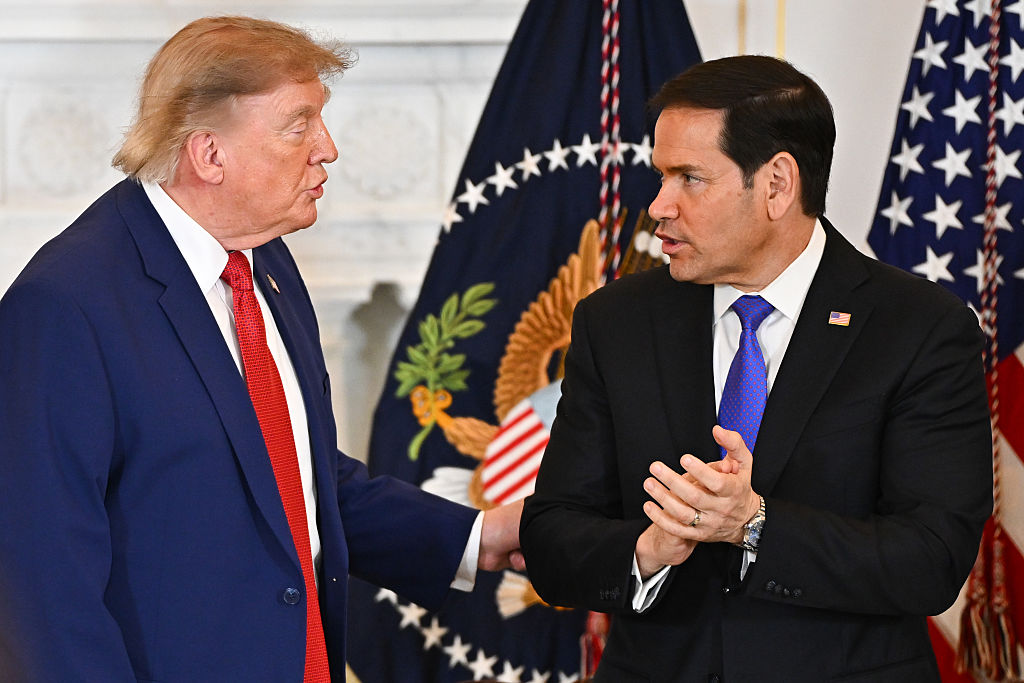 Donald Trump and Marco Rubio speak during an American mining industry roundtable at the State Department in Washington, DC, on August 7, 2026. 