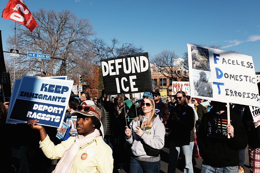 Several thousand people march for democracy at the call of several organizations and associations, demanding ICE out of Minnesota immediately, and justice and accountability for Renee Good, Alex Pretti, and all victims of ICE in Minneapolis, Minnesota, on February 16, 2026.