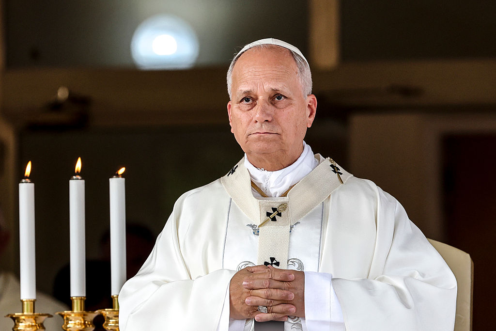 Pope Leo XIV leads a mass for the feast of Maria Santissima del lago on August 29, 2026, in Albano Laziale, Italy.