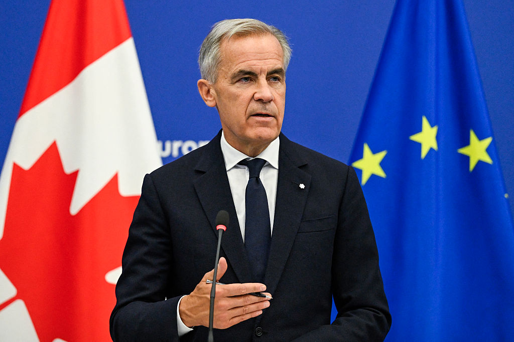 Canadian Prime Minister Mark Carney delivers a speech in the hemicycle of the European Parliament in Strasbourg, eastern France, as part of a trip during which he welcomed a proposal by the European Commission president for Canada to become the EU's first associate member, on September 17, 2026.