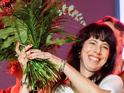 The Left Party's main candidate for the Berlin election, Elif Eralp, celebrates on stage at the electoral evening event of Germany's Die Linke party in Berlin on September 20, 2026.