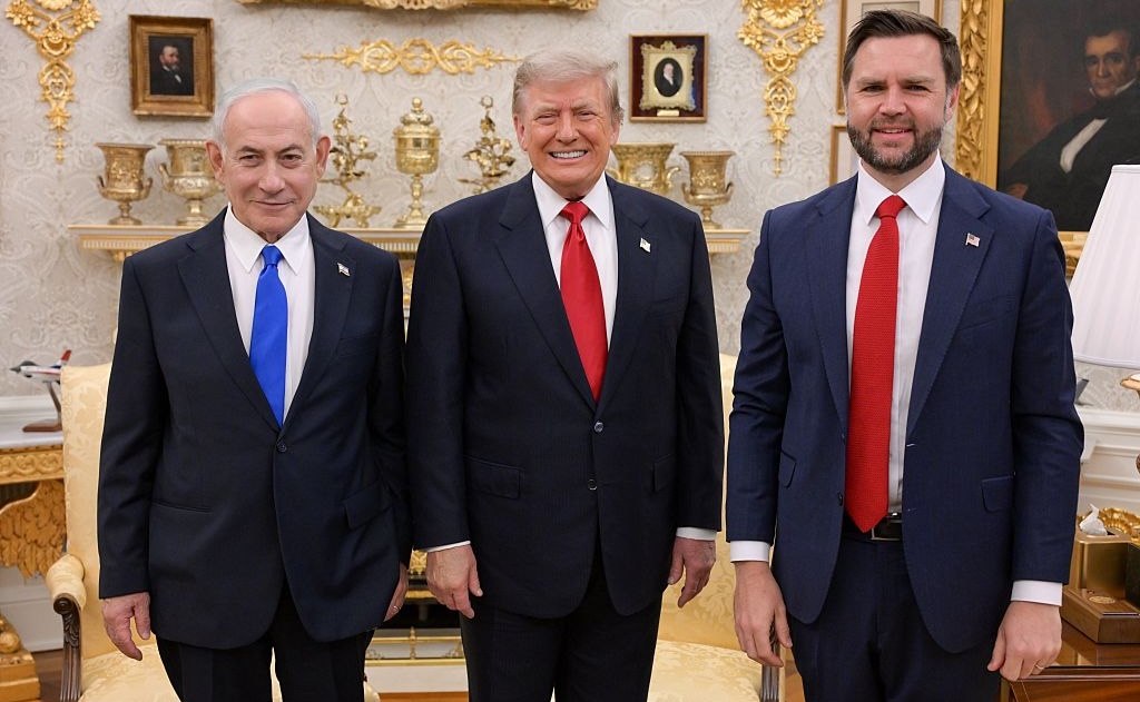US President Donald Trump and Vice President J. D. Vance (R) meet Israeli Prime Minister Benjamin Netanyahu at the White House in Washington, DC, on July 28, 2026. 