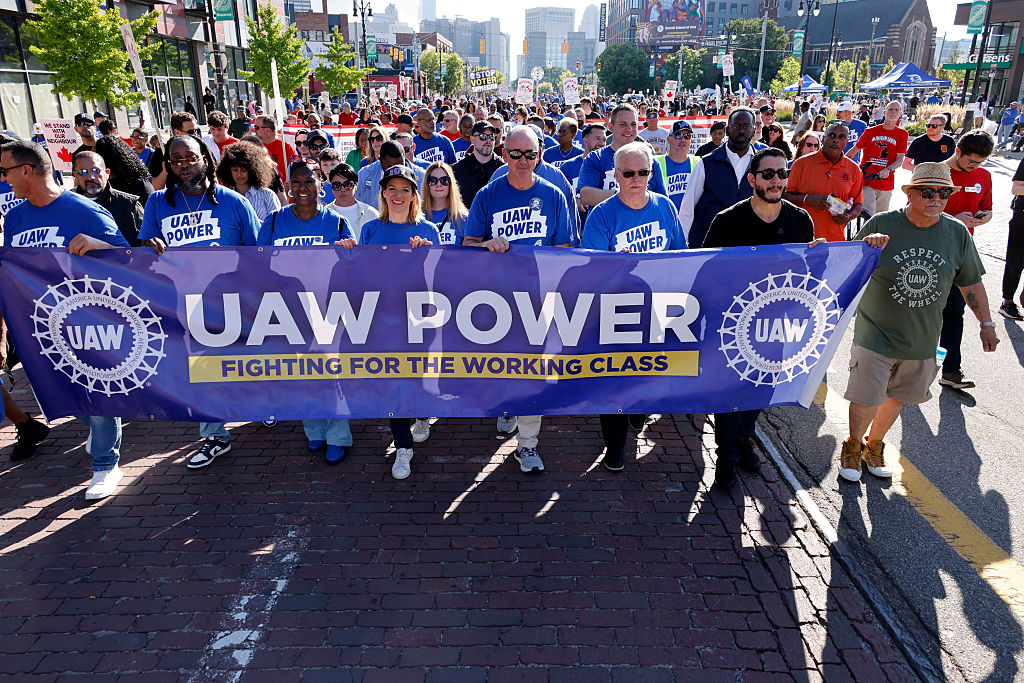 Michigan Sec of State and candidate for Governor Jocelyn Benson (C), UAW President Sean Fain (4R)) and UAW Vice President Mike Booth (3R)) US Democratic Senate candidate from Michigan Abdul El-Sayed (2R) rally during Labor Day parade in Detroit, Michigan on September 7, 2026.