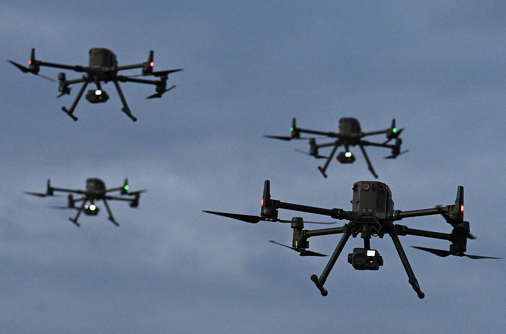 This view shows drones during the activation of the first unmanned aircraft battalion at the military base in Tolemaida, Colombia, on October 10, 2025.