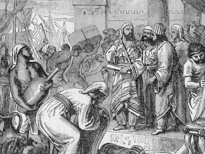 This woodcut depicts merchants and traders in an ancient marketplace.