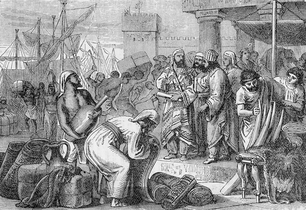 This woodcut depicts merchants and traders in an ancient marketplace.