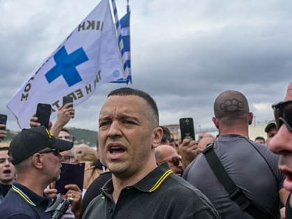 Former spokesman of Greek ultranationalist party Golden Dawn Ilias Kasidiaris speaks to his supporters after his release from the high-security Domokos Prison in central Greece on September 15, 2026.