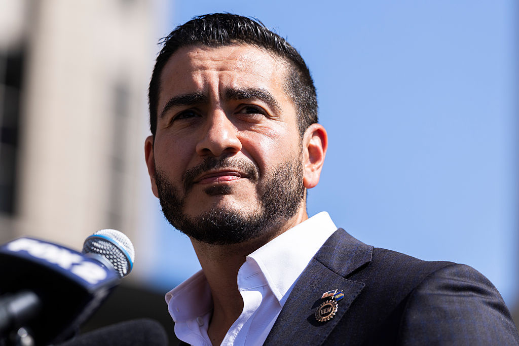Abdul El-Sayed speaks during a press conference in front of the Spirit of Detroit statue on August 5, 2026, in Detroit, Michigan.