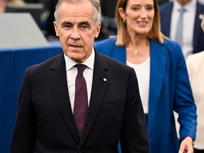 Mark Carney, Roberta Metsola, and Ursula von der Leyen arrive for a speech at a plenary session of the European Parliament in Strasbourg, France, on September 16, 2026.
