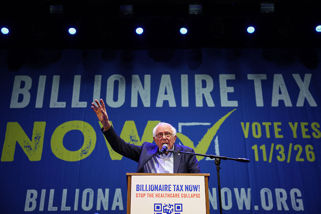 Sen. Bernie Sanders speaks during the campaign kickoff for the California Billionaire Tax Act at The Wiltern in Los Angeles, on February 18, 2026.