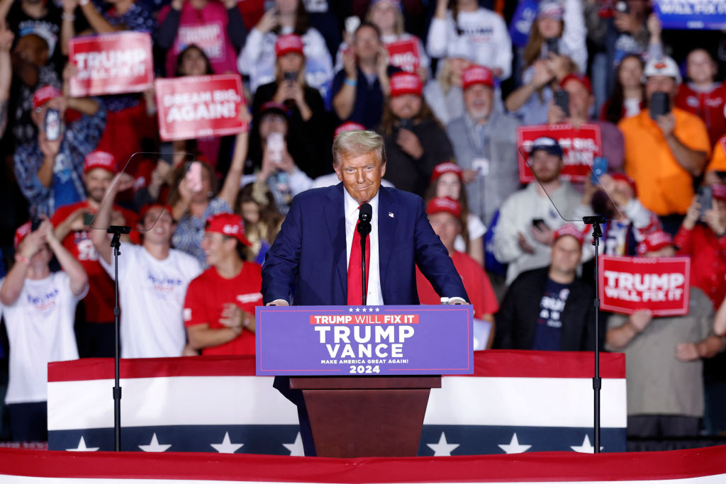 Donald Trump speaks during his final campaign rally before Election Day at Van Andel Arena in Grand Rapids, Michigan, on November 5, 2024.