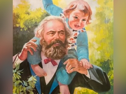 A 1986 poster from China shows Karl Marx, painted in the socialist realist style, with a child on his shoulders.