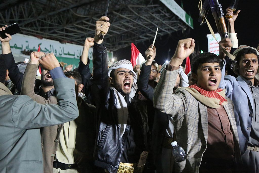Yemenis who support the Houthis group attend a night rally, showing support for control of the Mocha port region, in Sanaa, Yemen, on September 11, 2026.