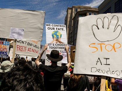 Demonstrators march during a protest against artificial intelligence (AI) in San Francisco, California, on Saturday, July 11, 2026.
