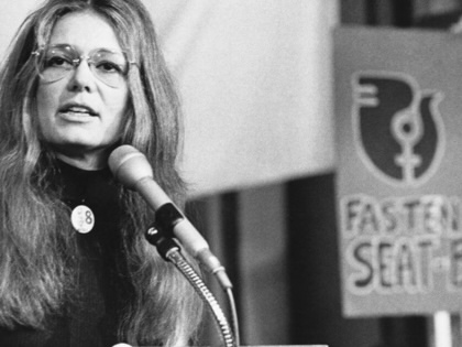 American feminist and activist Gloria Steinem speaks at a rally outside the United Nations, New York, New York.