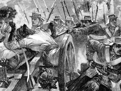 Highlanders capture the mutineers’ guns at Cawnpore during the Indian Rebellion of 1857 (illustration from circa 1895).