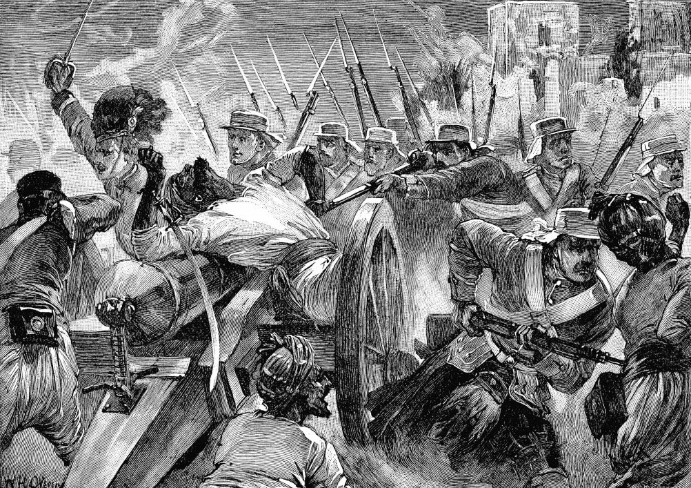 Highlanders capture the mutineers’ guns at Cawnpore during the Indian Rebellion of 1857 (illustration from circa 1895).