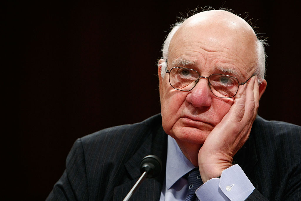 Paul Volcker attends a meeting of the Joint Economic Committee on May 14, 2008, in Washington, DC.  