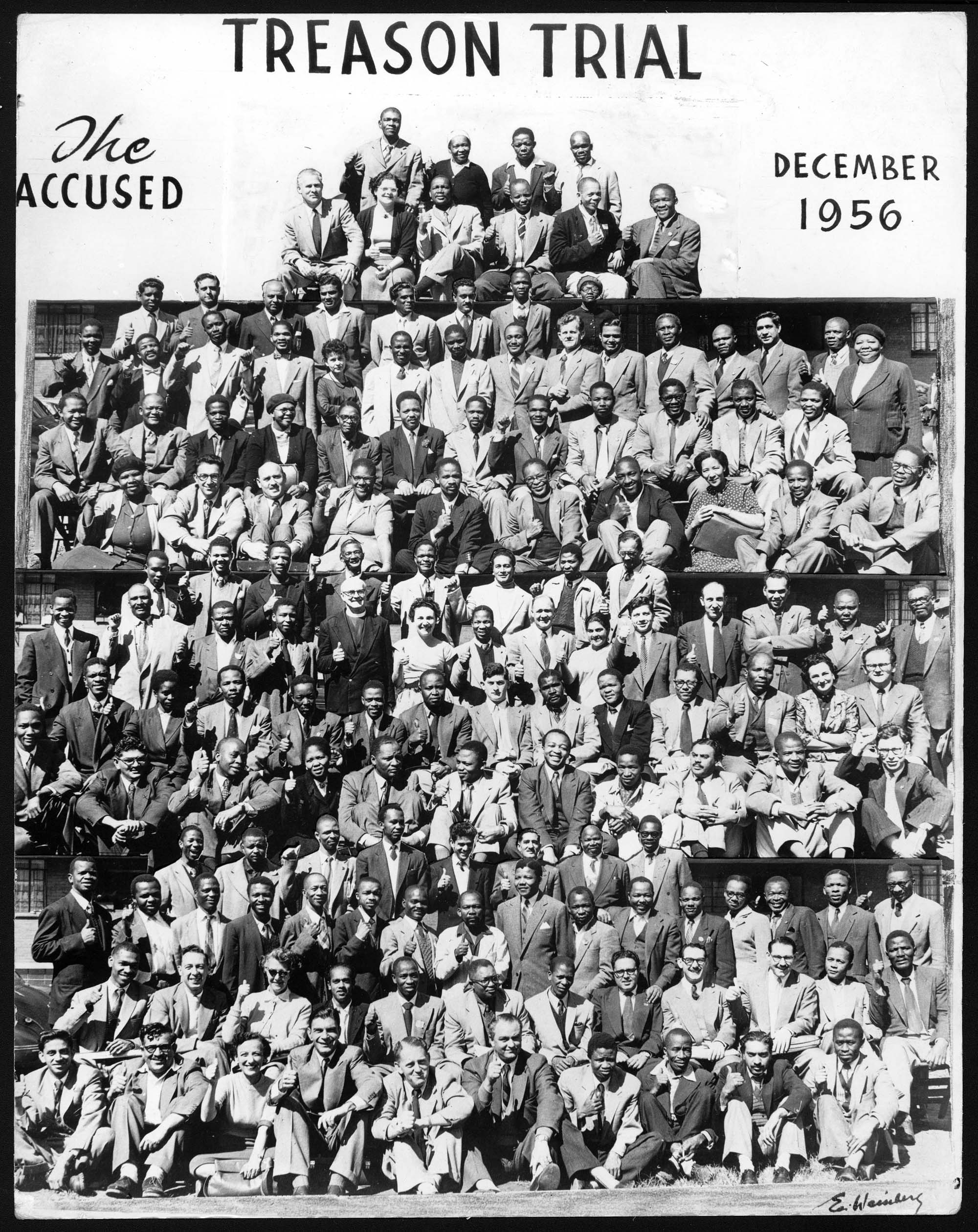 The defendants at the Treason Trial pose for a photo in December 1956.