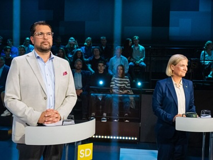 Sweden Democrats leader Jimmie Akesson (L) and Social Democratic Party leader Magdalena Andersson take part in a televised election debate hosted by TV4 in Stockholm, Sweden, on September 10, 2026, three days ahead of the country's general election.