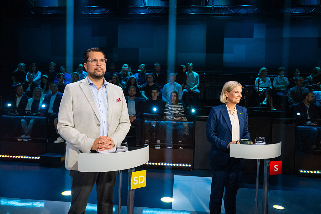 Sweden Democrats leader Jimmie Akesson (L) and Social Democratic Party leader Magdalena Andersson take part in a televised election debate hosted by TV4 in Stockholm, Sweden, on September 10, 2026, three days ahead of the country's general election.