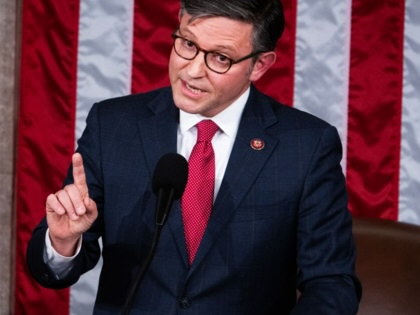 Speaker of the House Mike Johnson addresses the House chamber after winning the speakership on October 25, 2023. 