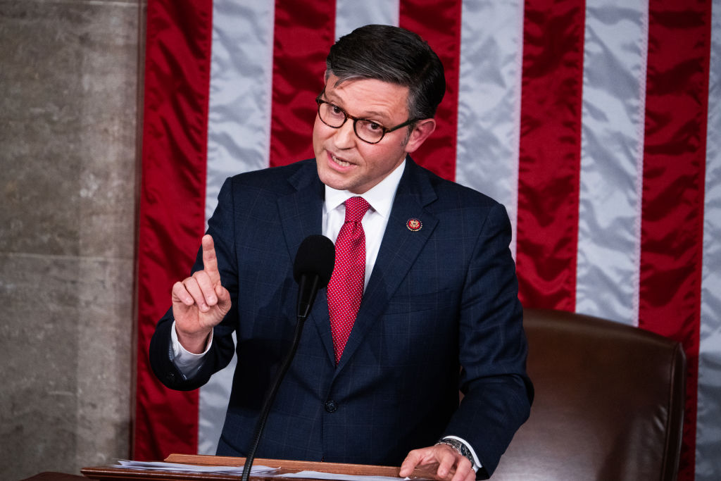 Speaker of the House Mike Johnson addresses the House chamber after winning the speakership on October 25, 2023. 