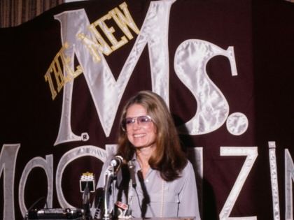 Gloria Steinem speaks from a podium at a press conference about Ms. magazine in the 1980s.