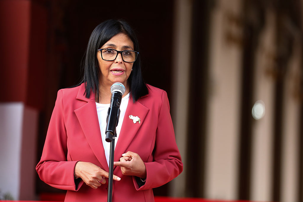 Venezuelan President Delcy Rodríguez and the US Secretary of the Interior Doug Burgum (not pictured) discuss energy exchange at the Miraflores Palace in Caracas  on March 4, 2026. 