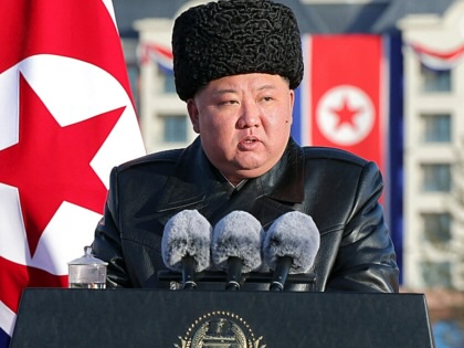 This picture taken on February 15, 2026, and released by North Korea's official Korean Central News Agency on February 16, 2026, shows North Korean leader Kim Jong Un delivering a speech at the inauguration ceremony of Saeppyol Street in Pyongyang.