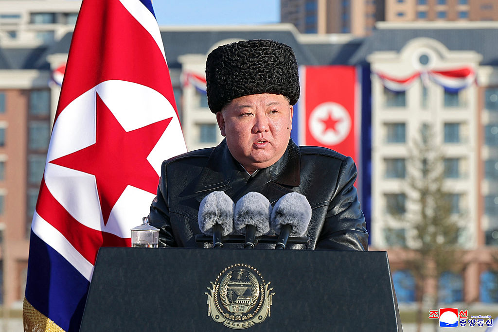 This picture taken on February 15, 2026, and released by North Korea's official Korean Central News Agency on February 16, 2026, shows North Korean leader Kim Jong Un delivering a speech at the inauguration ceremony of Saeppyol Street in Pyongyang.
